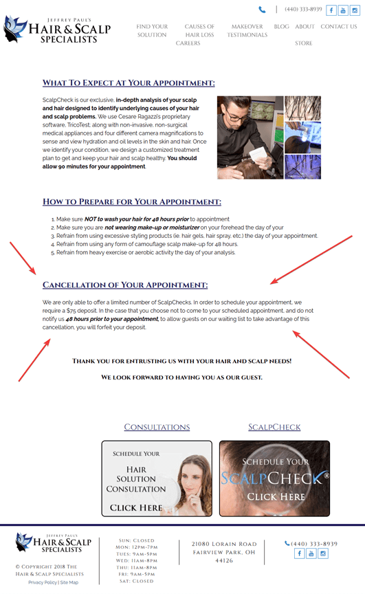 Creative Sample: Pre-appointment instructions (arrows added to screenshot to show cancellation section)