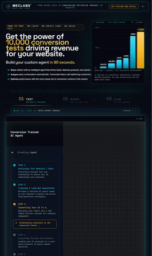 Creative Sample #1: MeclabsAI landing page transparently showing work being done for the visitor