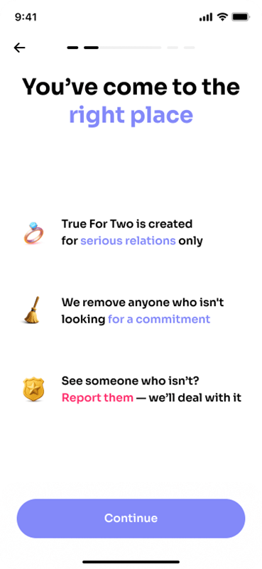 Creative Sample #2: Breaking screen after ‘What kind of relationship are you looking for?’ question in dating app’s onboarding flow