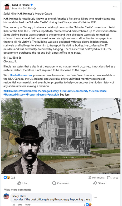 Creative Sample #3: Facebook post for niche property-history service