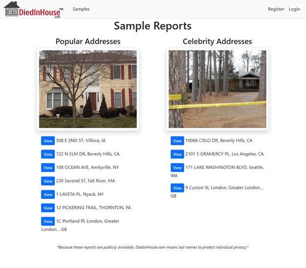 Creative Sample #4: Samples section on niche property-history service website