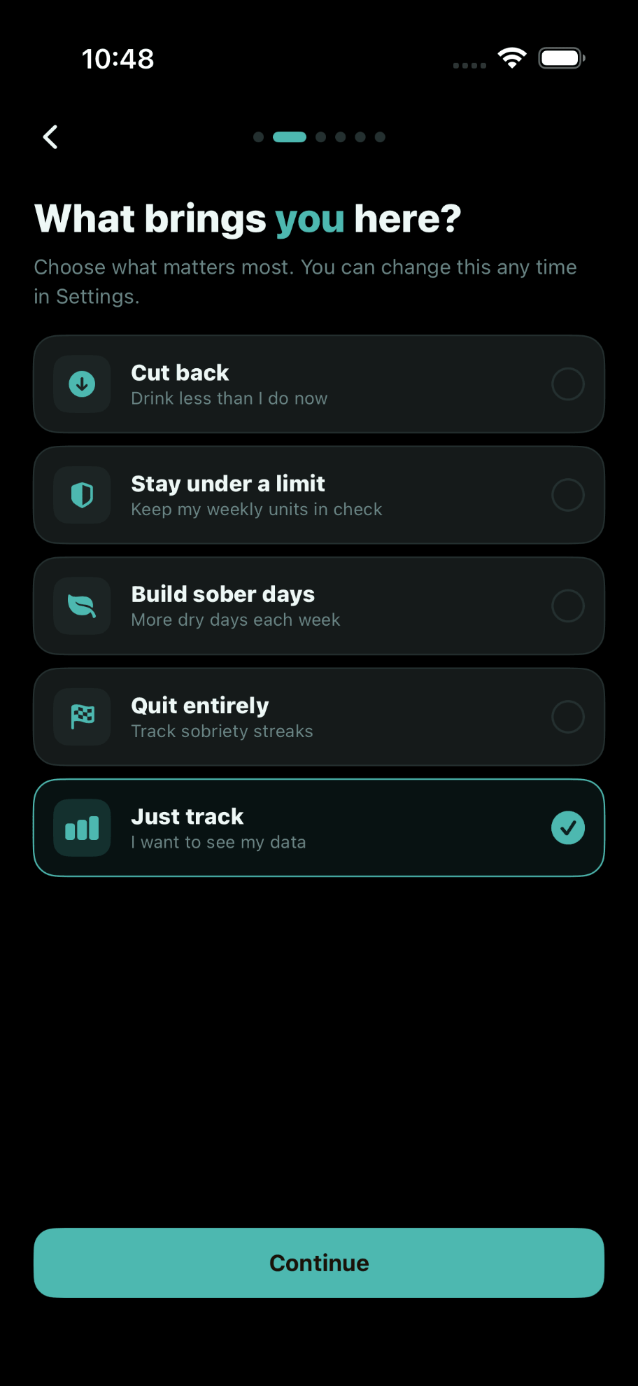 Creative Sample #6: Goal picking stage in digital tracker app onboarding showing the five-goal choice architecture