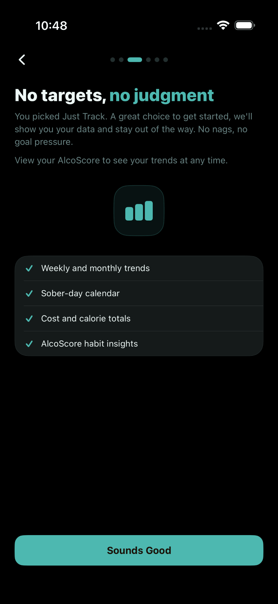 Creative Sample #7: Next screen after goal choice in app onboarding for ‘Just track’ option