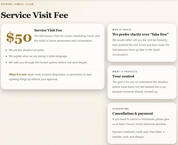 Creative Sample #8: Plumber’s service visit fee webpage, with explanation