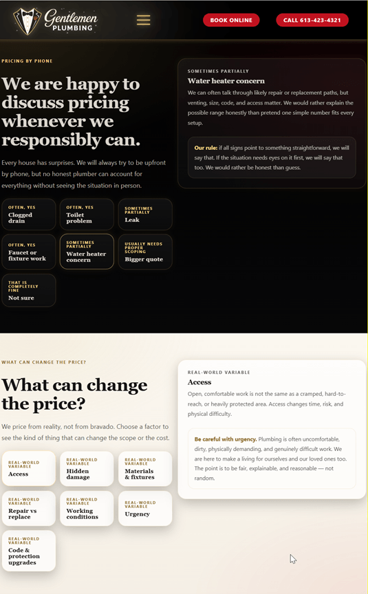 Creative Sample #9: Pricing by phone explanation on plumber’s webpage