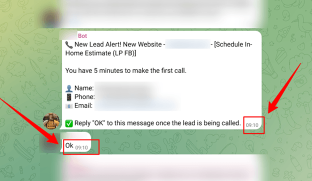 Creative Sample #10: Internal Telegram message with five-minute lead follow-up alert